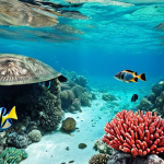 **A vibrant coral reef in Belize, teeming with colorful fish, sea turtles, and a majestic barracuda, under crystal-clear turquoise water.**