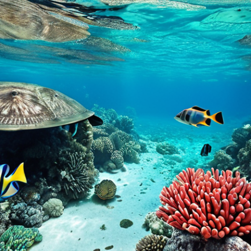 **A vibrant coral reef in Belize, teeming with colorful fish, sea turtles, and a majestic barracuda, under crystal-clear turquoise water.**