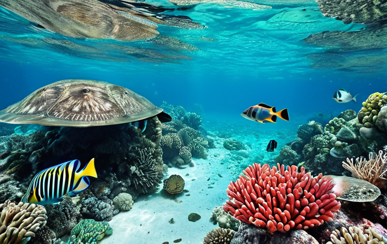 **A vibrant coral reef in Belize, teeming with colorful fish, sea turtles, and a majestic barracuda, under crystal-clear turquoise water.**